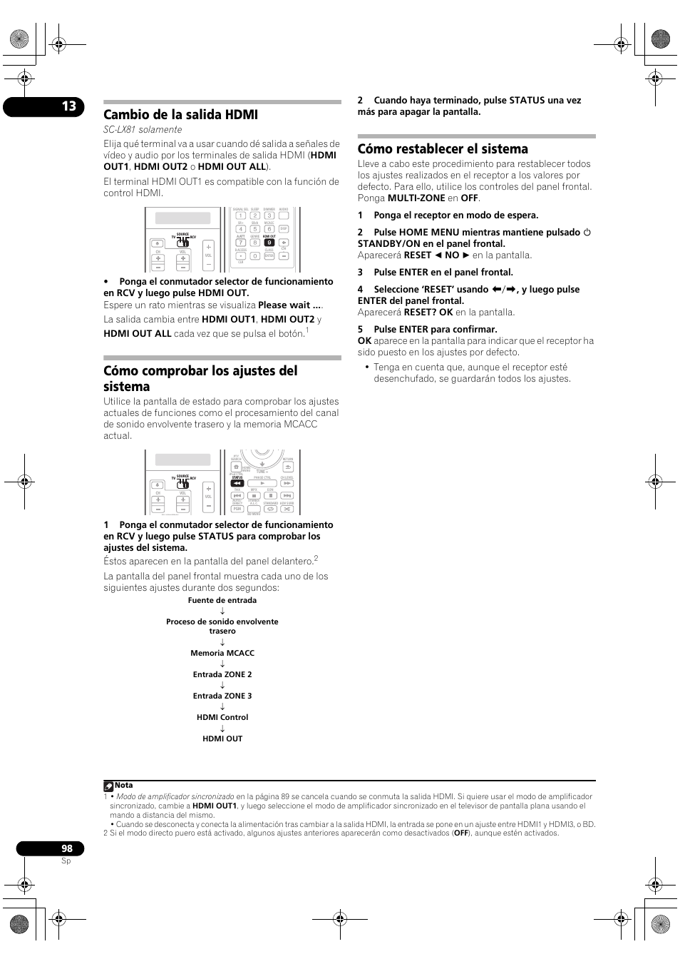 Cambio de la salida hdmi, Cómo comprobar los ajustes del sistema, Cómo restablecer el sistema | Pioneer SC-LX71 User Manual | Page 98 / 134