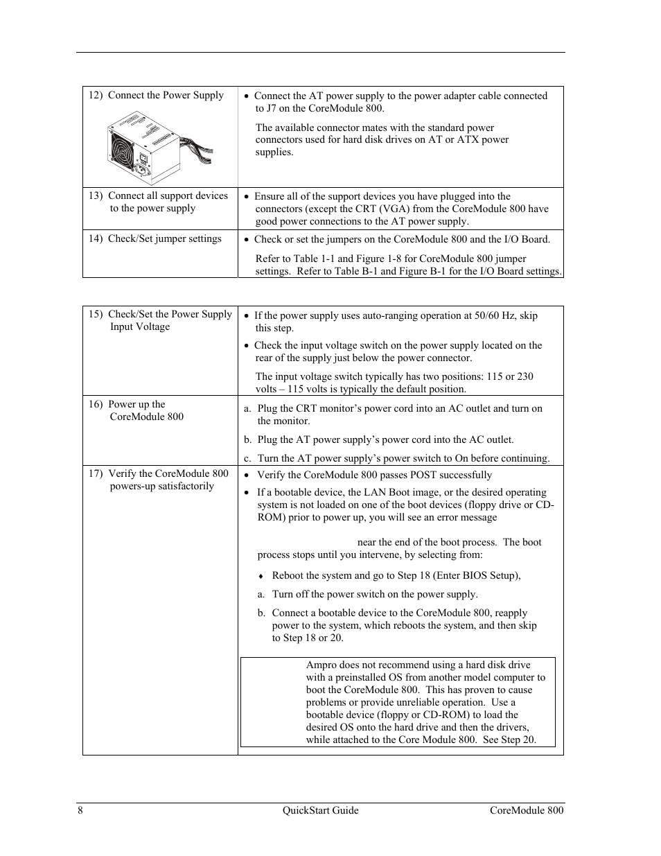 Connecting the power supply, Applying power to the coremodule 800 | Ampro Corporation COREMODULE PCI-104 User Manual | Page 12 / 42