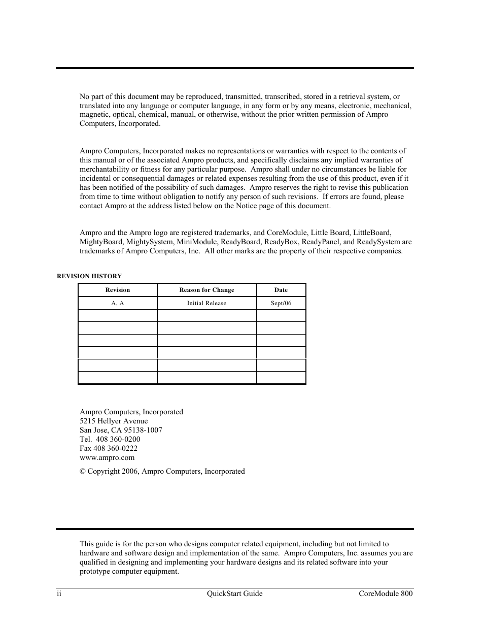 Notice page, Audience assumptions | Ampro Corporation COREMODULE PCI-104 User Manual | Page 2 / 42