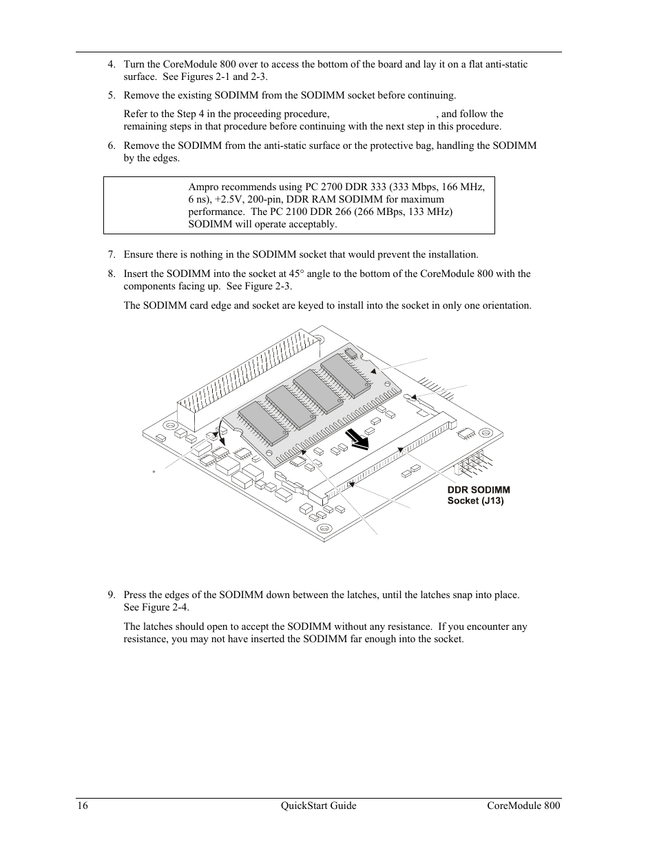 Figure 2-3. inserting sodimm into socket | Ampro Corporation COREMODULE PCI-104 User Manual | Page 20 / 42
