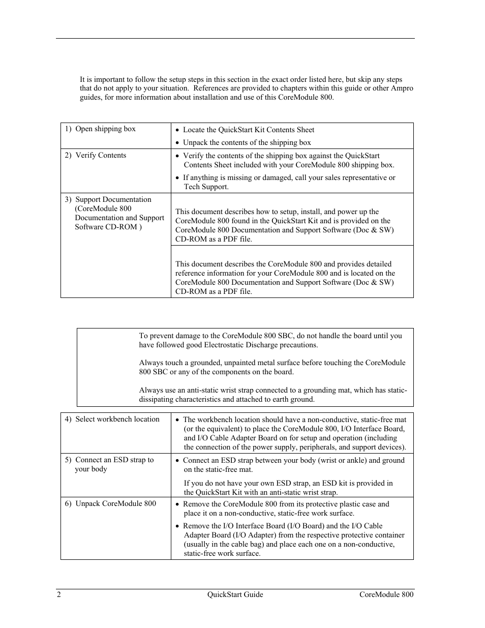 Setup steps, Preparation, Setting up the workspace | Preparation setting up the workspace | Ampro Corporation COREMODULE PCI-104 User Manual | Page 6 / 42