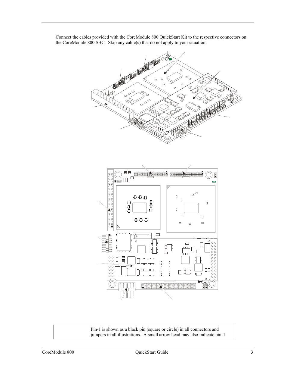 Connecting cables to the coremodule 800, Coremodule 800 quickstart guide 3 | Ampro Corporation COREMODULE PCI-104 User Manual | Page 7 / 42