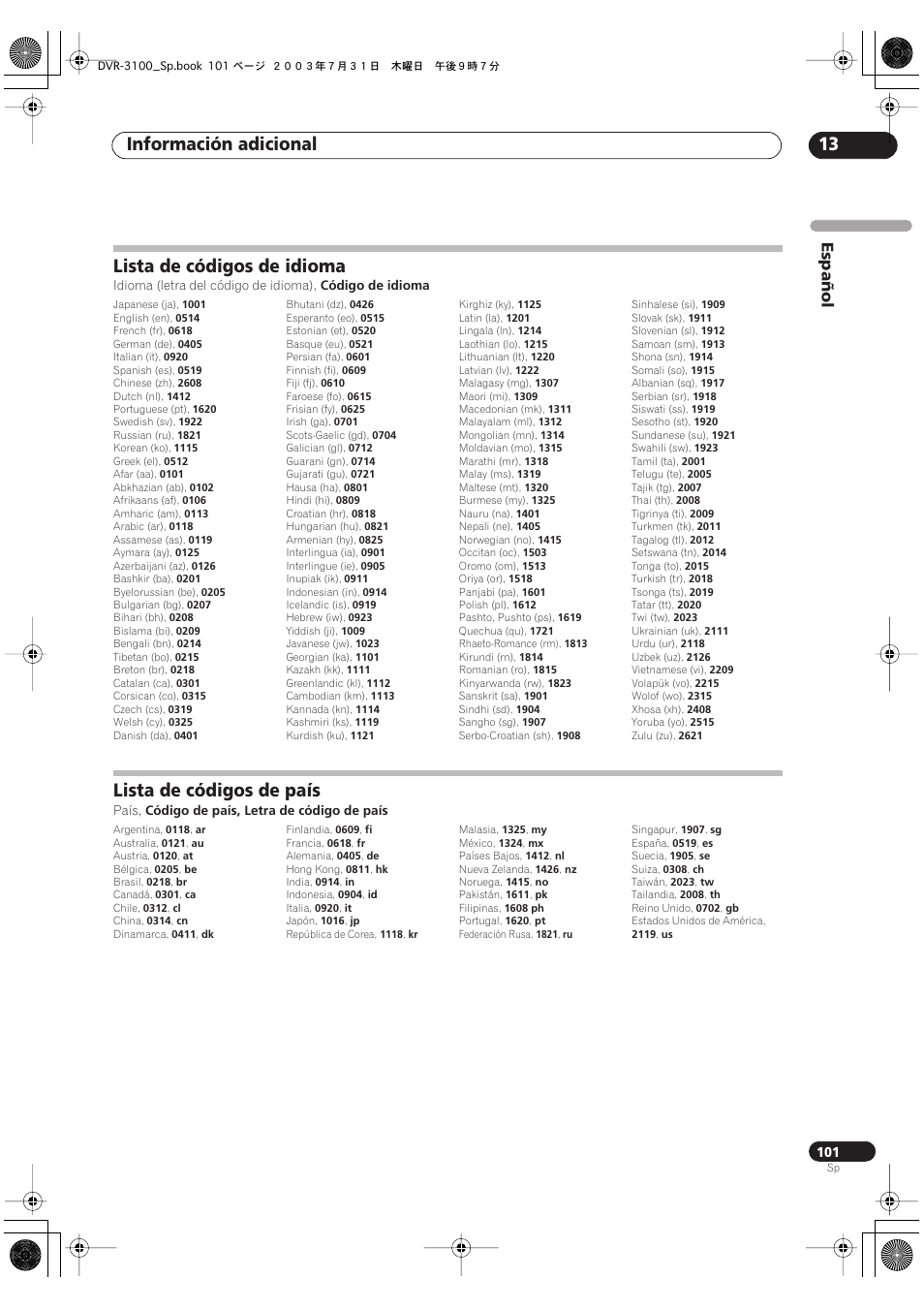 Lista de códigos de idioma, Lista de códigos de país, Información adicional 13 | Español | Pioneer DVR-3100-S User Manual | Page 101 / 112