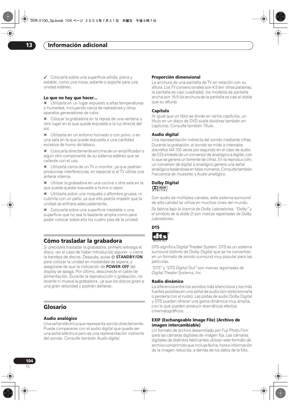 Cómo trasladar la grabadora, Glosario, Información adicional 13 | Pioneer DVR-3100-S User Manual | Page 104 / 112
