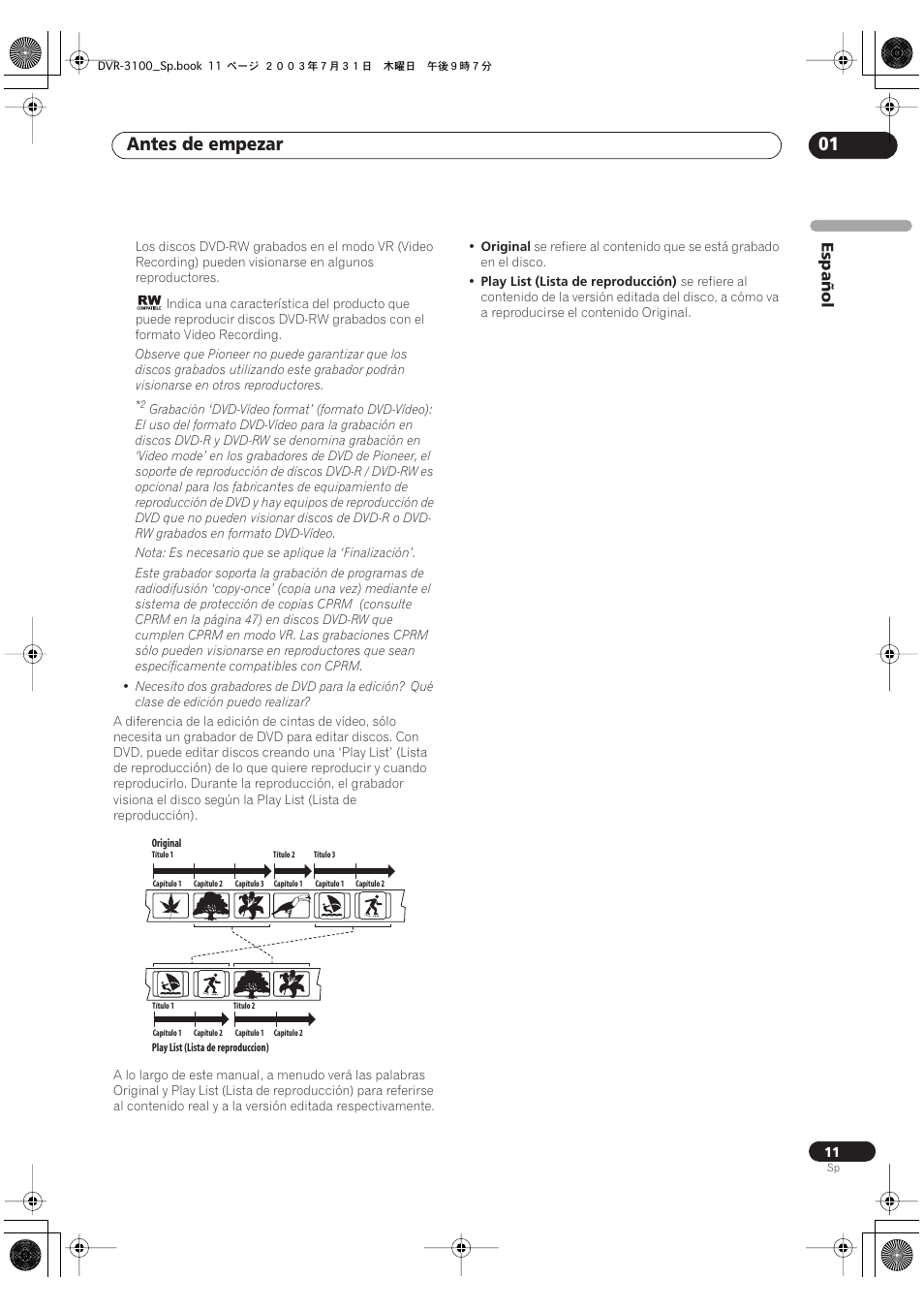Antes de empezar 01, Español | Pioneer DVR-3100-S User Manual | Page 11 / 112