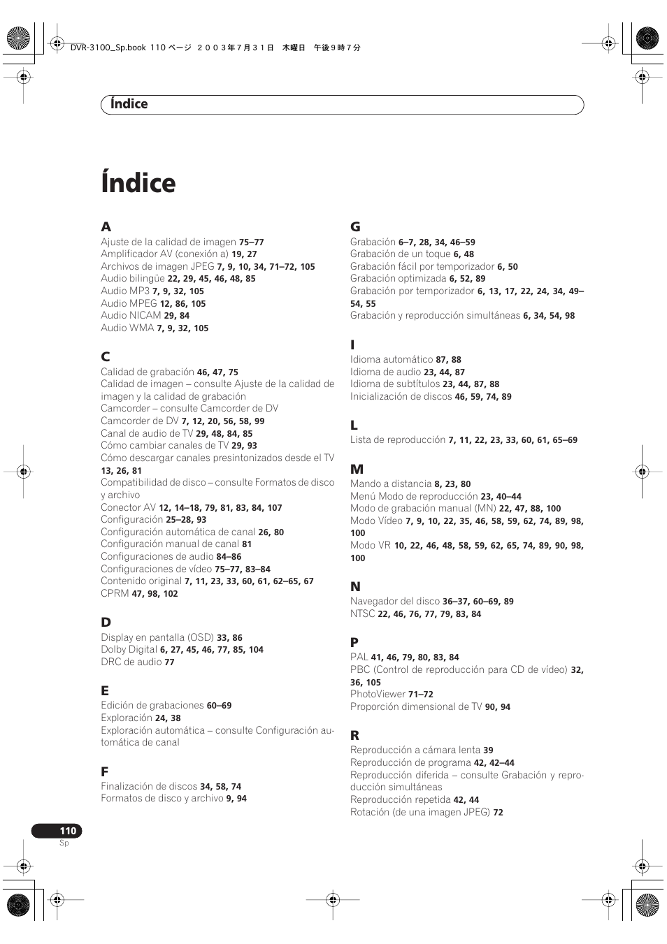 Índice | Pioneer DVR-3100-S User Manual | Page 110 / 112