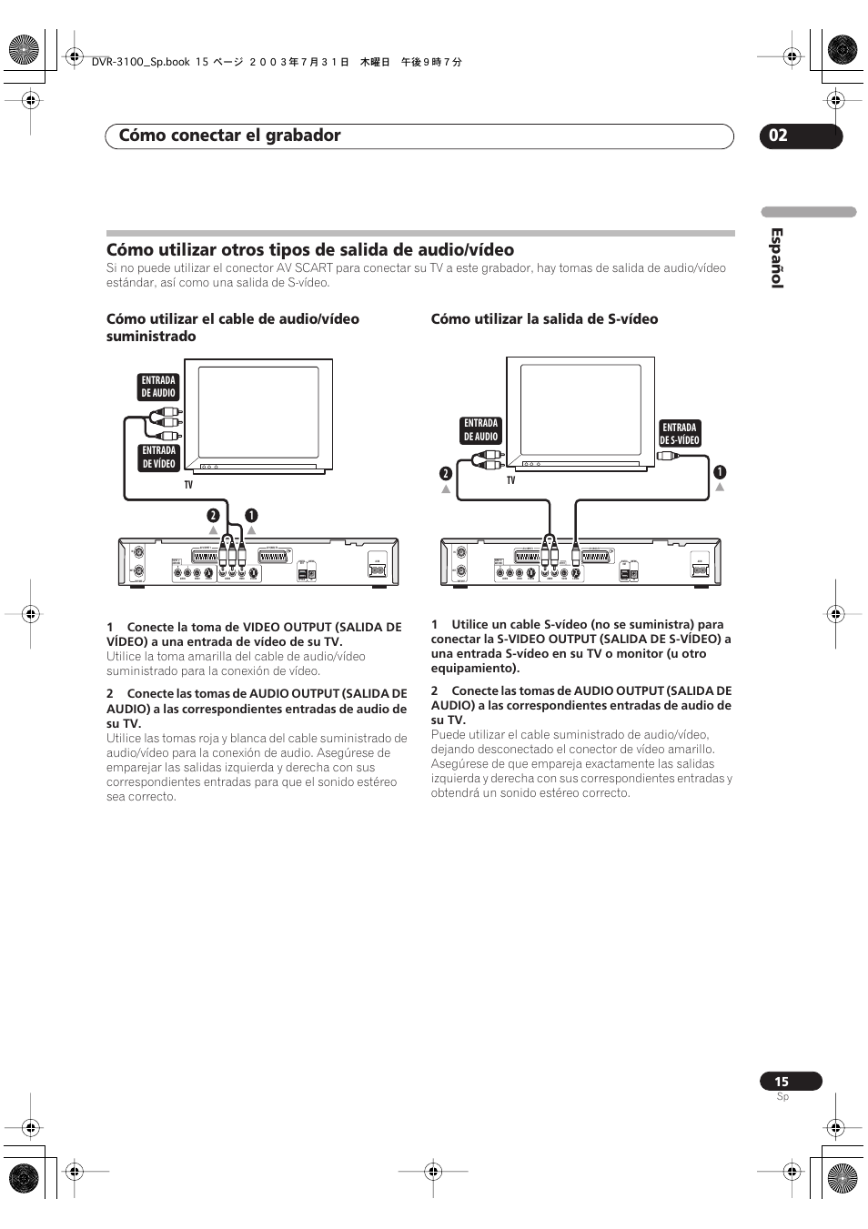 Cómo utilizar otros tipos de salida de audio/vídeo, Cómo conectar el grabador 02, Español | Cómo utilizar el cable de audio/vídeo suministrado, Cómo utilizar la salida de s-vídeo, Entrada de vídeo entrada de audio tv, Entrada de s-vídeo entrada de audio | Pioneer DVR-3100-S User Manual | Page 15 / 112