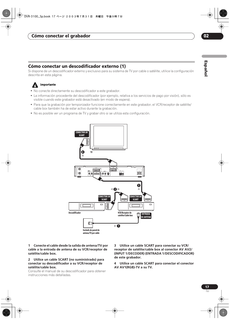 Cómo conectar un descodificador externo (1), Cómo conectar el grabador 02, Español | Pioneer DVR-3100-S User Manual | Page 17 / 112