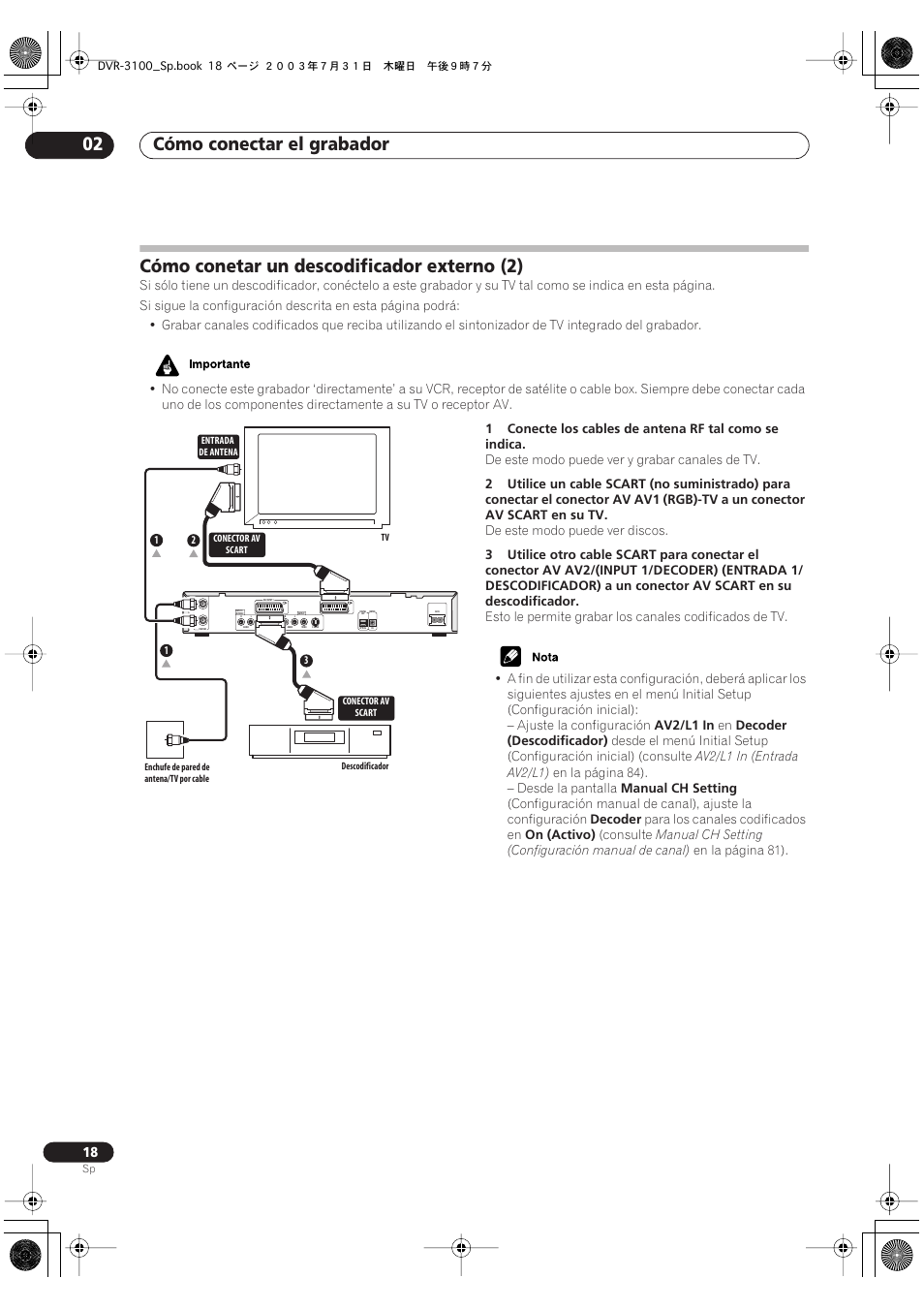 Cómo conetar un descodificador externo (2), Cómo conectar el grabador 02 | Pioneer DVR-3100-S User Manual | Page 18 / 112