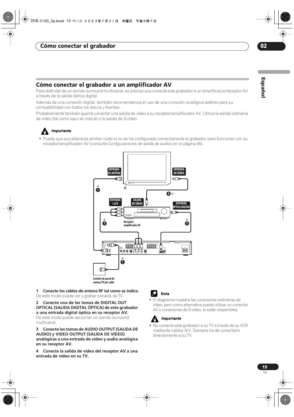 Cómo conectar el grabador a un amplificador av, Cómo conectar el grabador 02, Español | Pioneer DVR-3100-S User Manual | Page 19 / 112