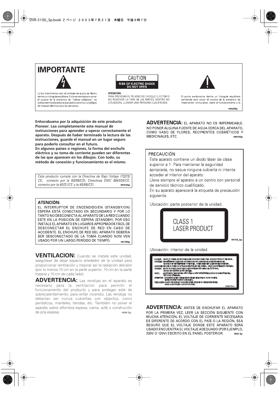Ventilacion, Advertencia | Pioneer DVR-3100-S User Manual | Page 2 / 112