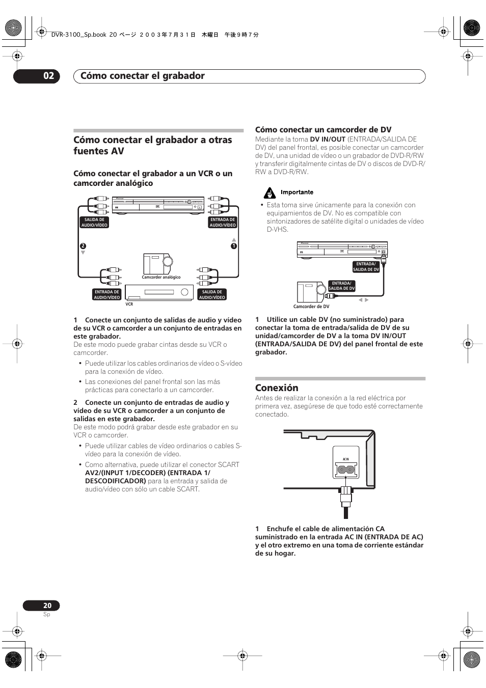 Cómo conectar el grabador a otras fuentes av, Conexión, Cómo conectar el grabador 02 | Pioneer DVR-3100-S User Manual | Page 20 / 112