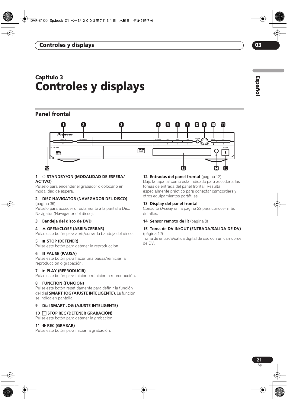 03 controles y displays, Panel frontal, Controles y displays | Controles y displays 03, Capítulo 3 | Pioneer DVR-3100-S User Manual | Page 21 / 112