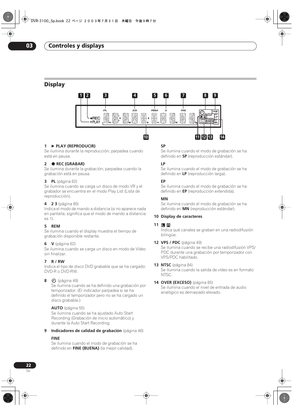 Display, Controles y displays 03 | Pioneer DVR-3100-S User Manual | Page 22 / 112
