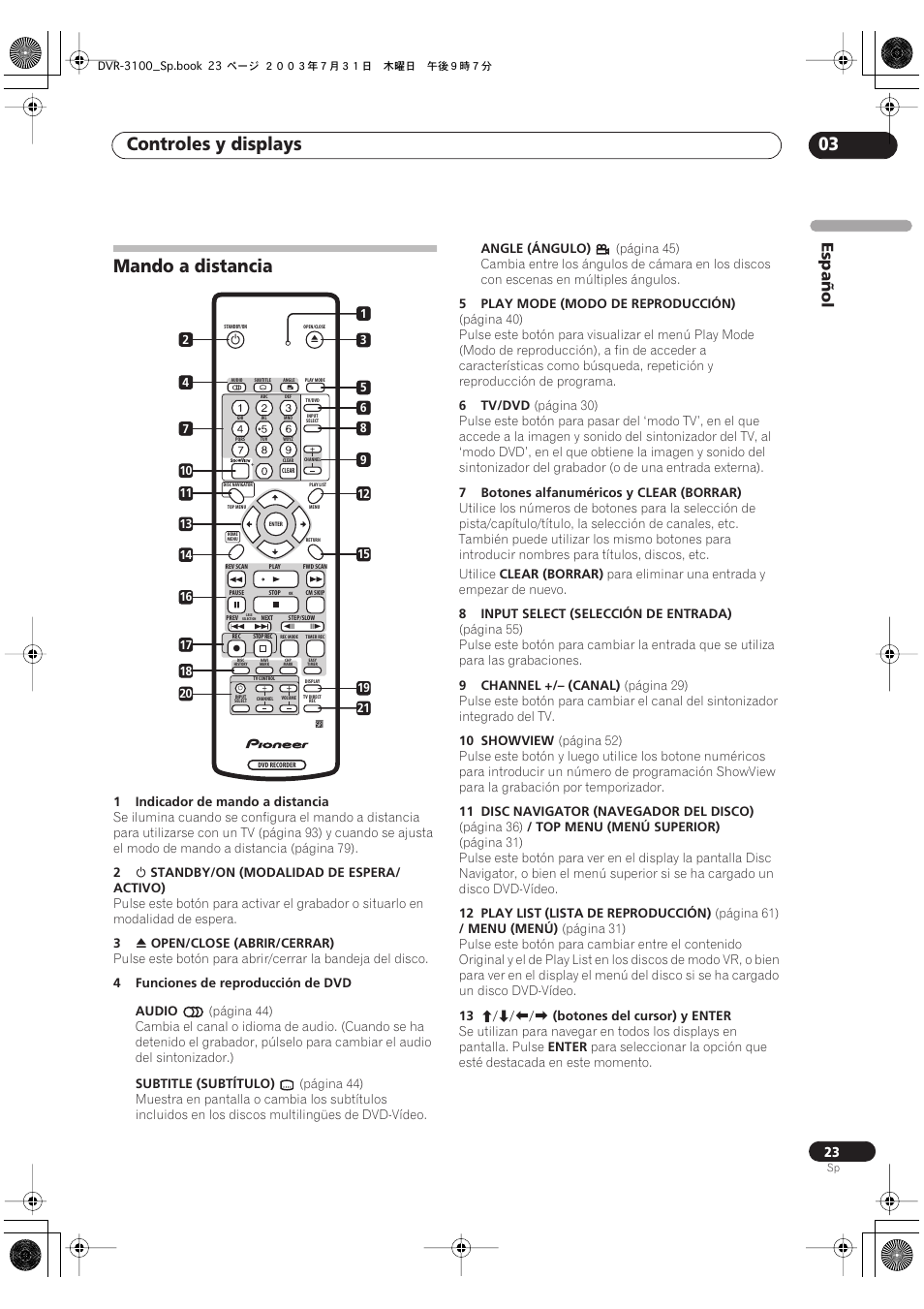Mando a distancia, Controles y displays 03, Español | Pioneer DVR-3100-S User Manual | Page 23 / 112