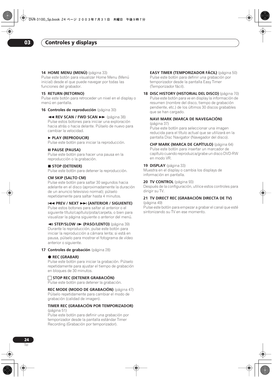 Controles y displays 03 | Pioneer DVR-3100-S User Manual | Page 24 / 112