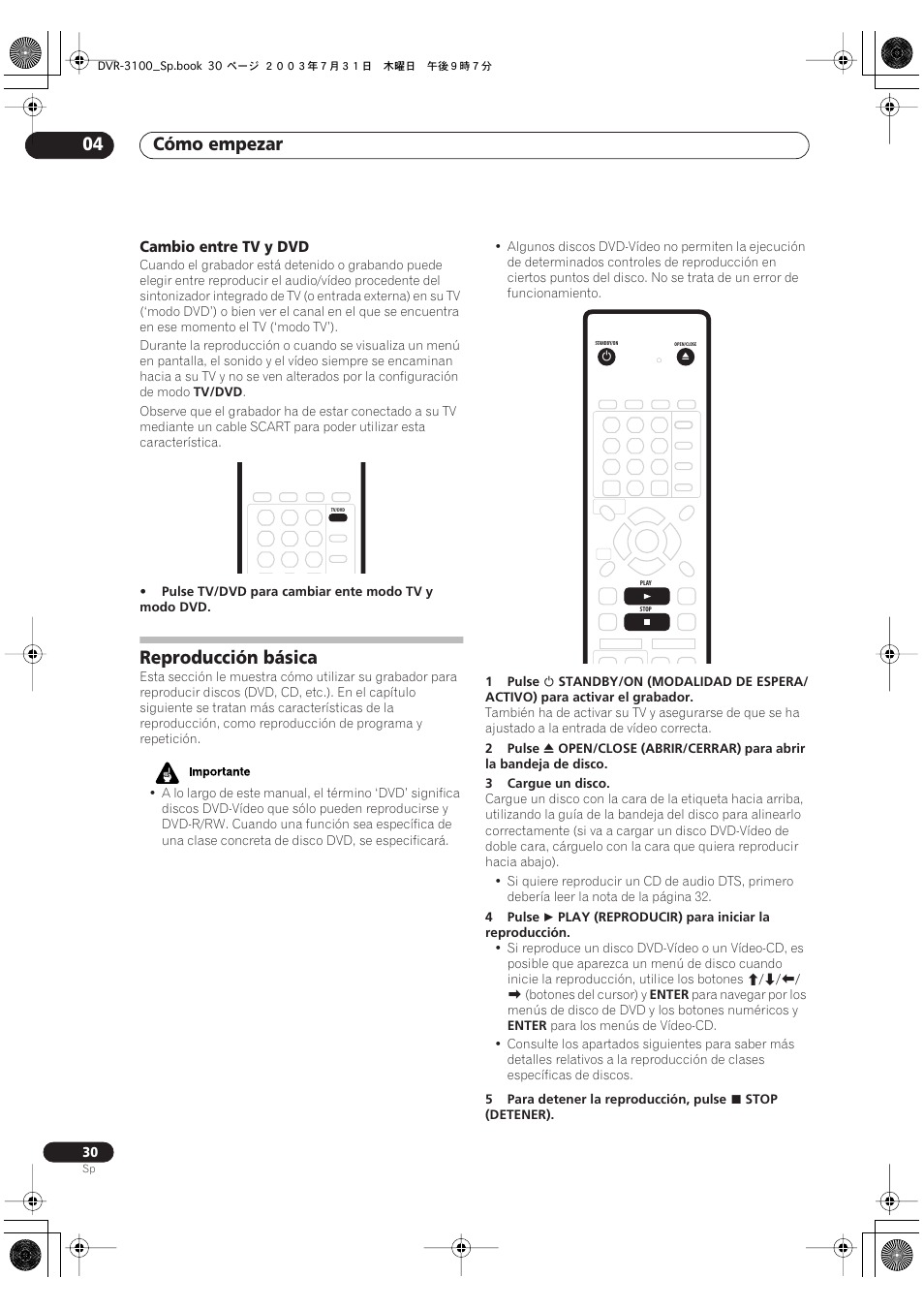 Reproducción básica, Cómo empezar 04 | Pioneer DVR-3100-S User Manual | Page 30 / 112