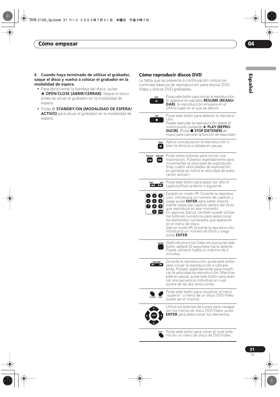 Cómo empezar 04, Español, Cómo reproducir discos dvd | Pioneer DVR-3100-S User Manual | Page 31 / 112