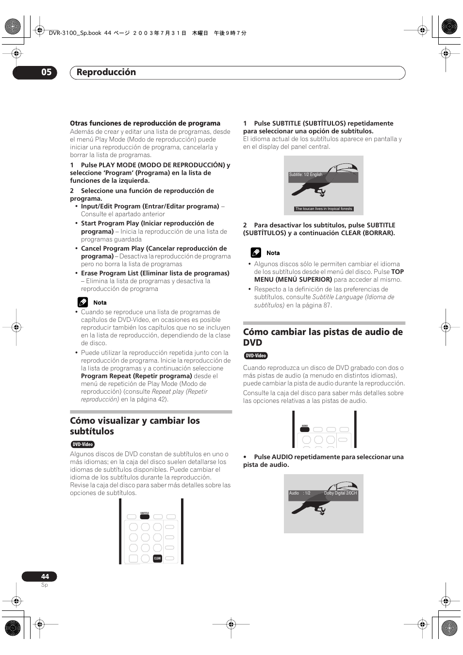 Cómo visualizar y cambiar los subtítulos, Cómo cambiar las pistas de audio de dvd, Reproducción 05 | Pioneer DVR-3100-S User Manual | Page 44 / 112