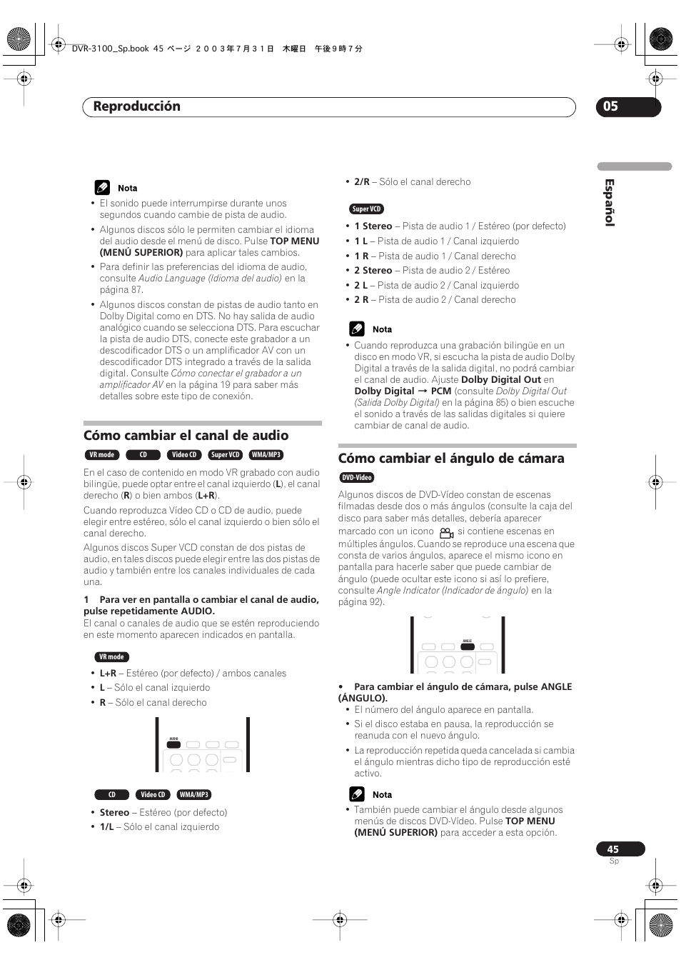Cómo cambiar el canal de audio, Cómo cambiar el ángulo de cámara, Reproducción 05 | Pioneer DVR-3100-S User Manual | Page 45 / 112