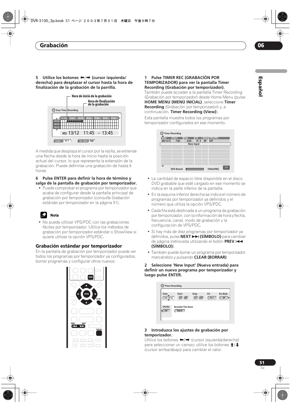Grabación 06, Español, Grabación estándar por temporizador | Pioneer DVR-3100-S User Manual | Page 51 / 112
