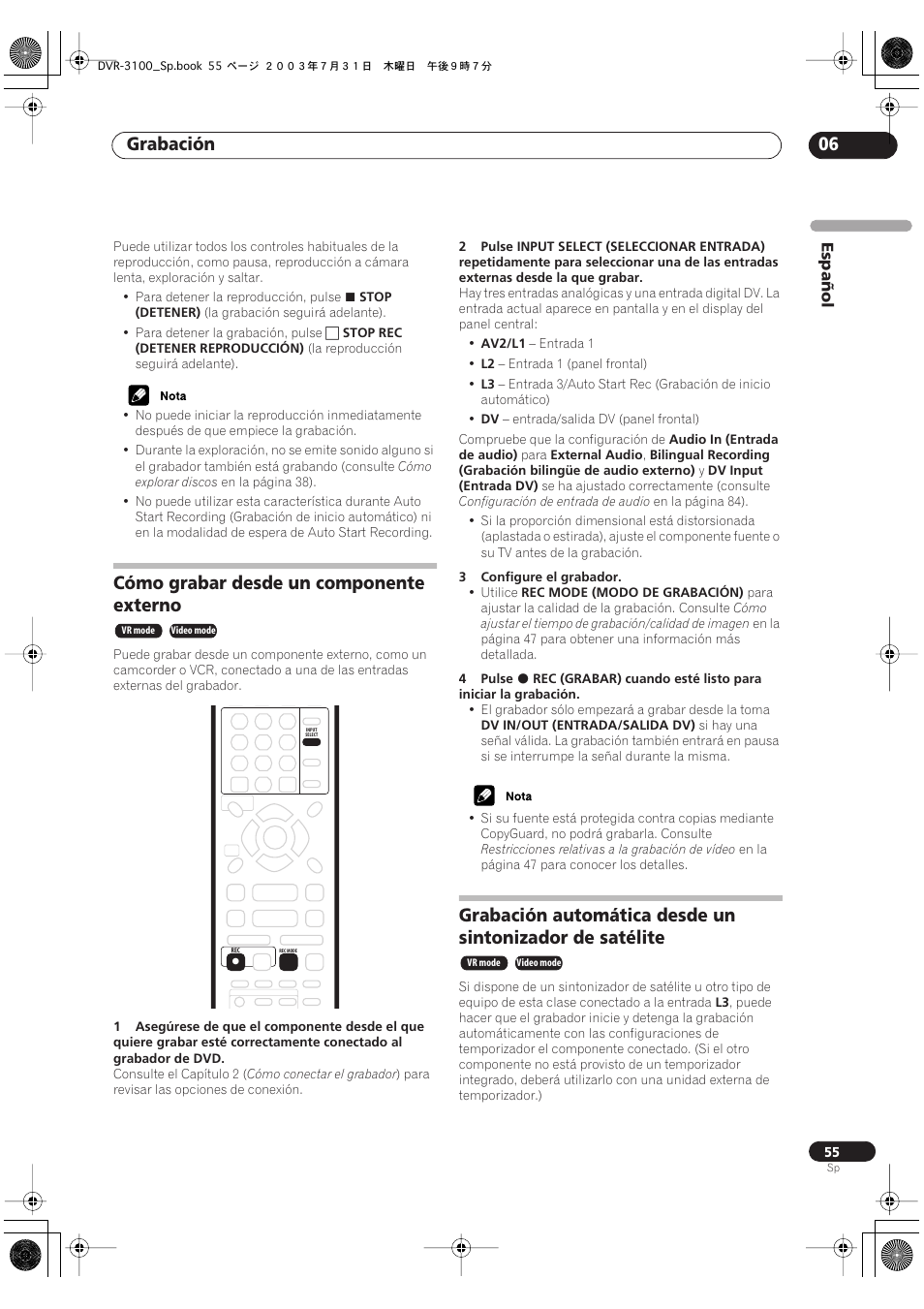 Cómo grabar desde un componente externo, Grabación 06 | Pioneer DVR-3100-S User Manual | Page 55 / 112