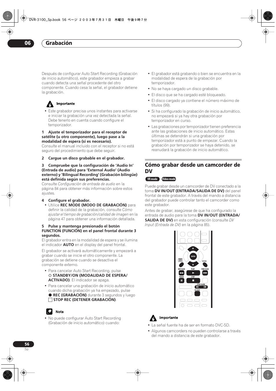 Cómo grabar desde un camcorder de dv, Grabación 06 | Pioneer DVR-3100-S User Manual | Page 56 / 112