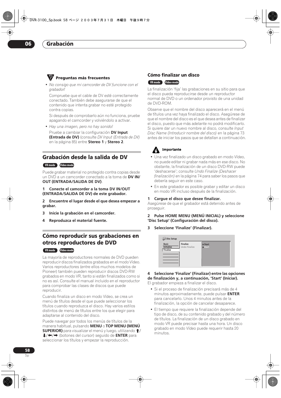 Grabación desde la salida de dv, Grabación 06 | Pioneer DVR-3100-S User Manual | Page 58 / 112