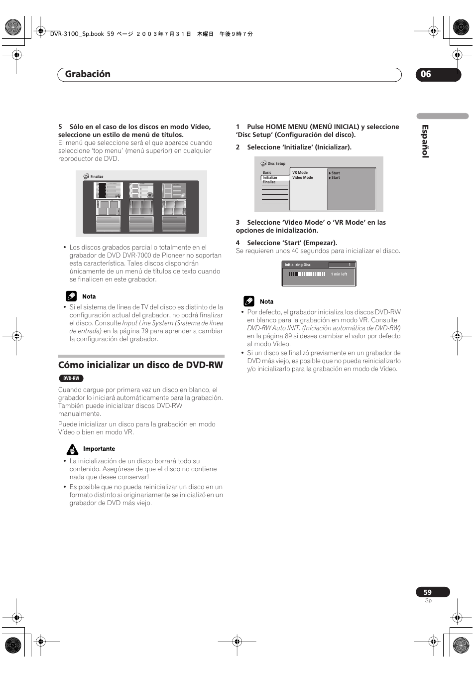 Cómo inicializar un disco de dvd-rw, Grabación 06 | Pioneer DVR-3100-S User Manual | Page 59 / 112