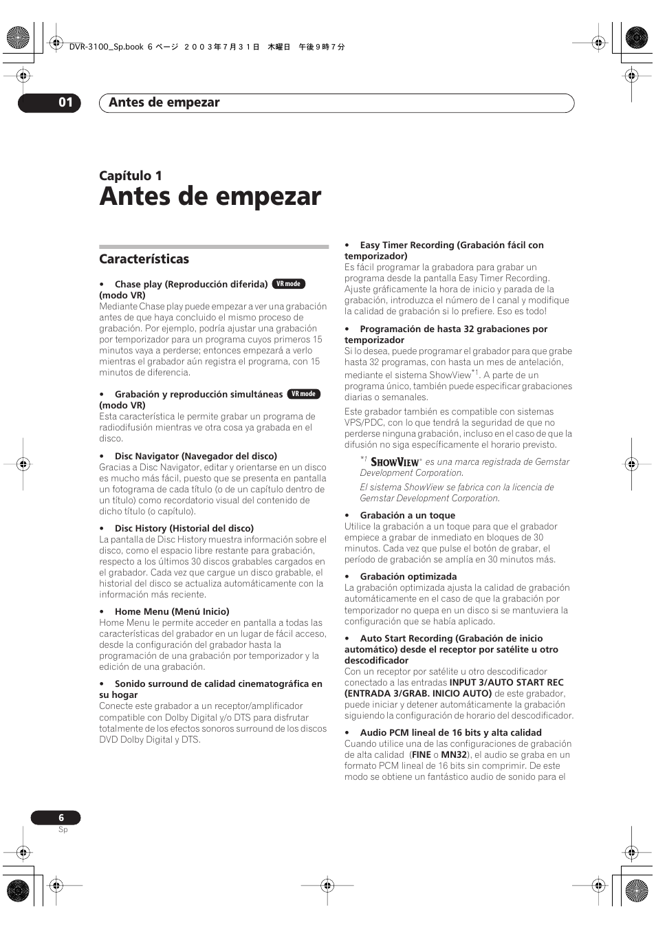 01 antes de empezar, Características, Antes de empezar | Antes de empezar 01, Capítulo 1 | Pioneer DVR-3100-S User Manual | Page 6 / 112