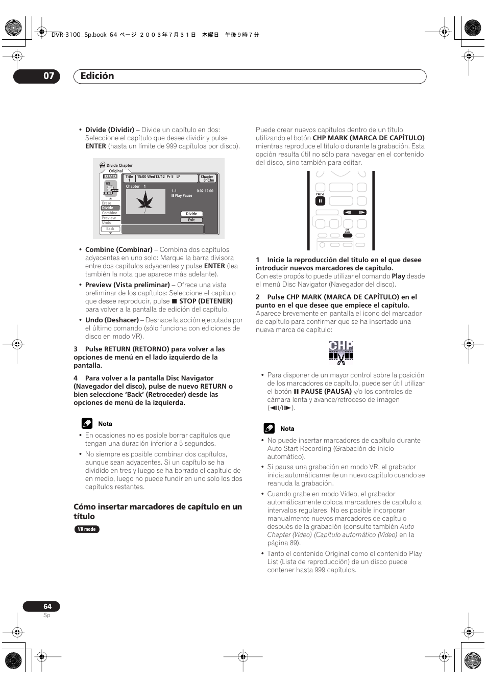 Edición 07, Cómo insertar marcadores de capítulo en un título | Pioneer DVR-3100-S User Manual | Page 64 / 112