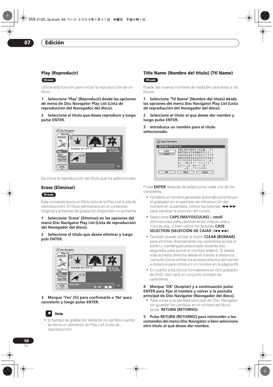 Edición 07, Play (reproducir), Erase (eliminar) | Title name (nombre del título) (ttl name) | Pioneer DVR-3100-S User Manual | Page 66 / 112