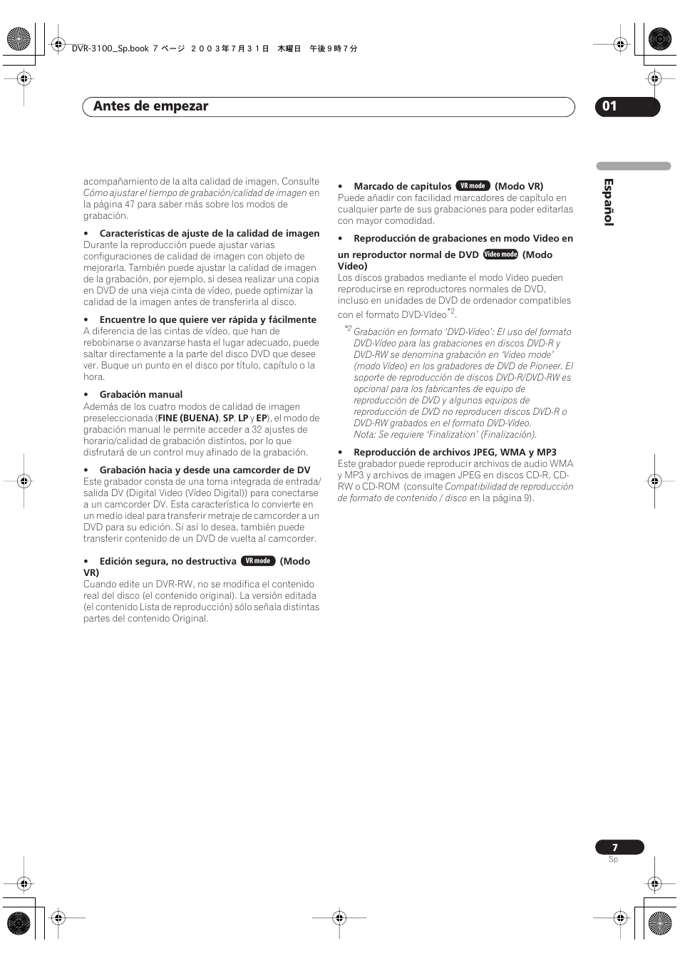 Antes de empezar 01 | Pioneer DVR-3100-S User Manual | Page 7 / 112