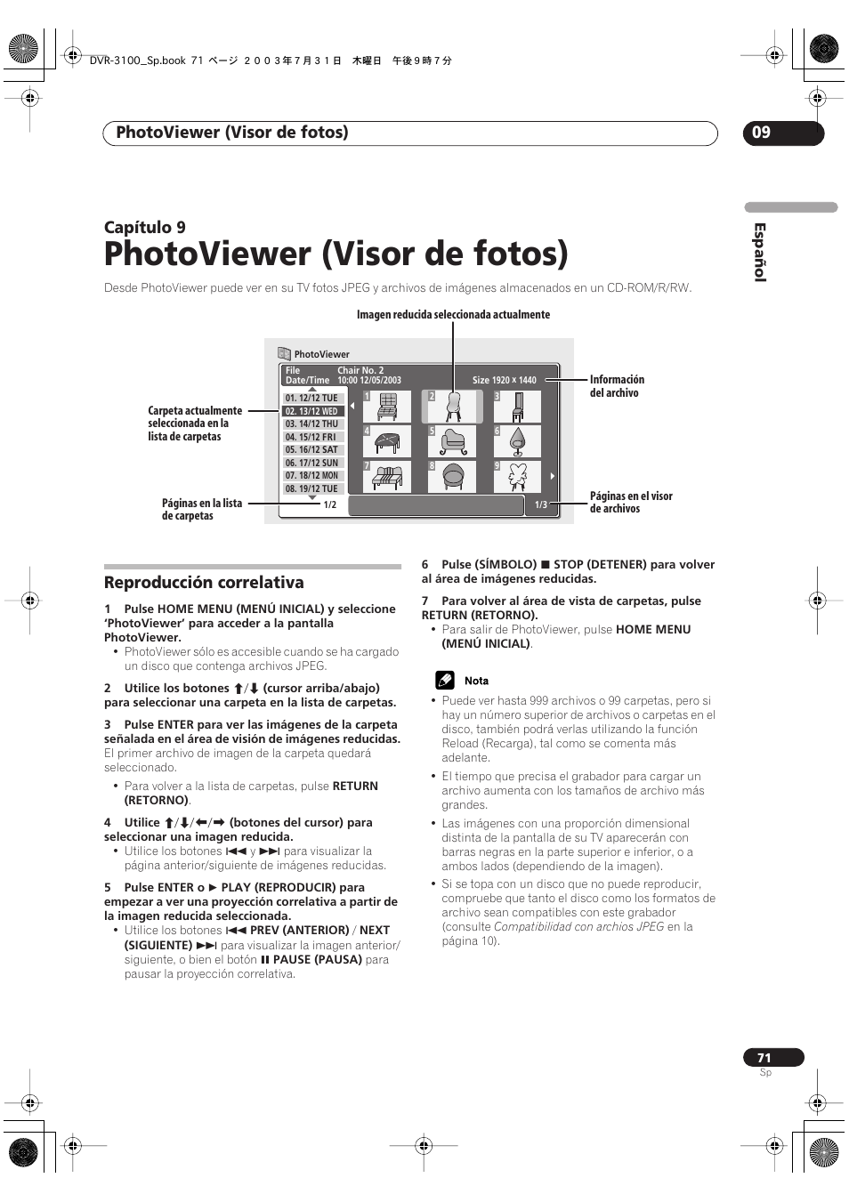 09 photoviewer (visor de fotos), Reproducción correlativa, Photoviewer (visor de fotos) | Photoviewer (visor de fotos) 09, Capítulo 9 | Pioneer DVR-3100-S User Manual | Page 71 / 112