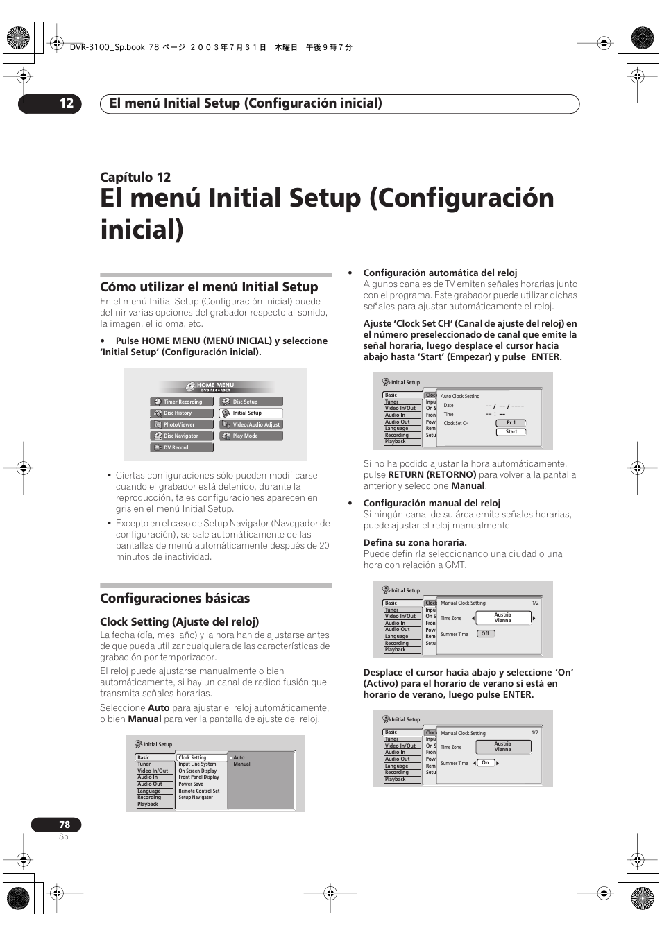 12 el menú initial setup (configuración inicial), Cómo utilizar el menú initial setup, Configuraciones básicas | El menú initial setup (configuración inicial), El menú initial setup (configuración inicial) 12, Capítulo 12, Clock setting (ajuste del reloj) | Pioneer DVR-3100-S User Manual | Page 78 / 112