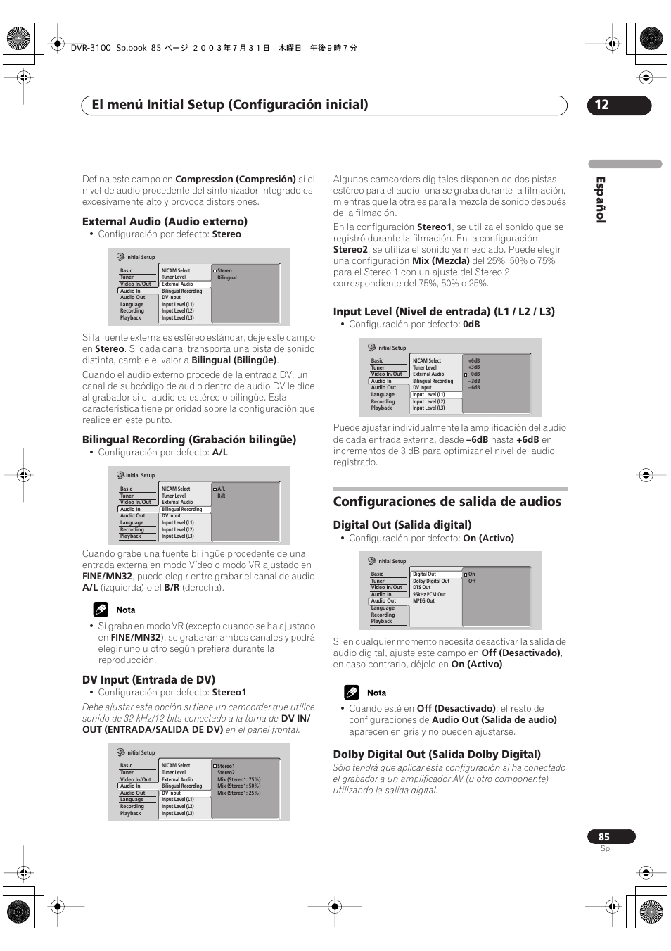 Configuraciones de salida de audios, El menú initial setup (configuración inicial) 12 | Pioneer DVR-3100-S User Manual | Page 85 / 112