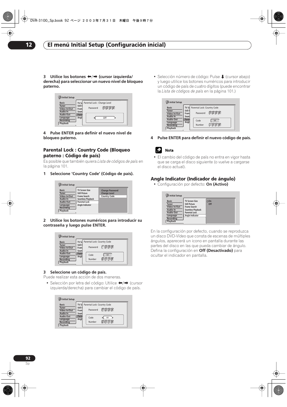 El menú initial setup (configuración inicial) 12, Angle indicator (indicador de ángulo) | Pioneer DVR-3100-S User Manual | Page 92 / 112