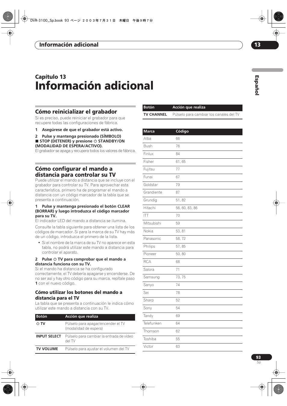 13 información adicional, Cómo reinicializar el grabador, Información adicional | Información adicional 13, Capítulo 13 | Pioneer DVR-3100-S User Manual | Page 93 / 112