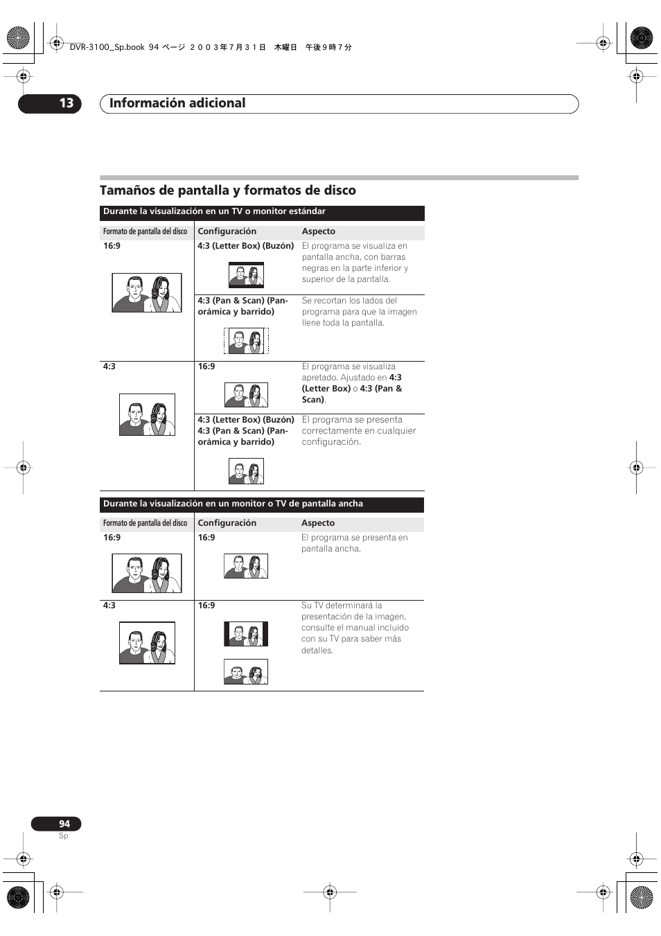 Tamaños de pantalla y formatos de disco, Información adicional 13 | Pioneer DVR-3100-S User Manual | Page 94 / 112