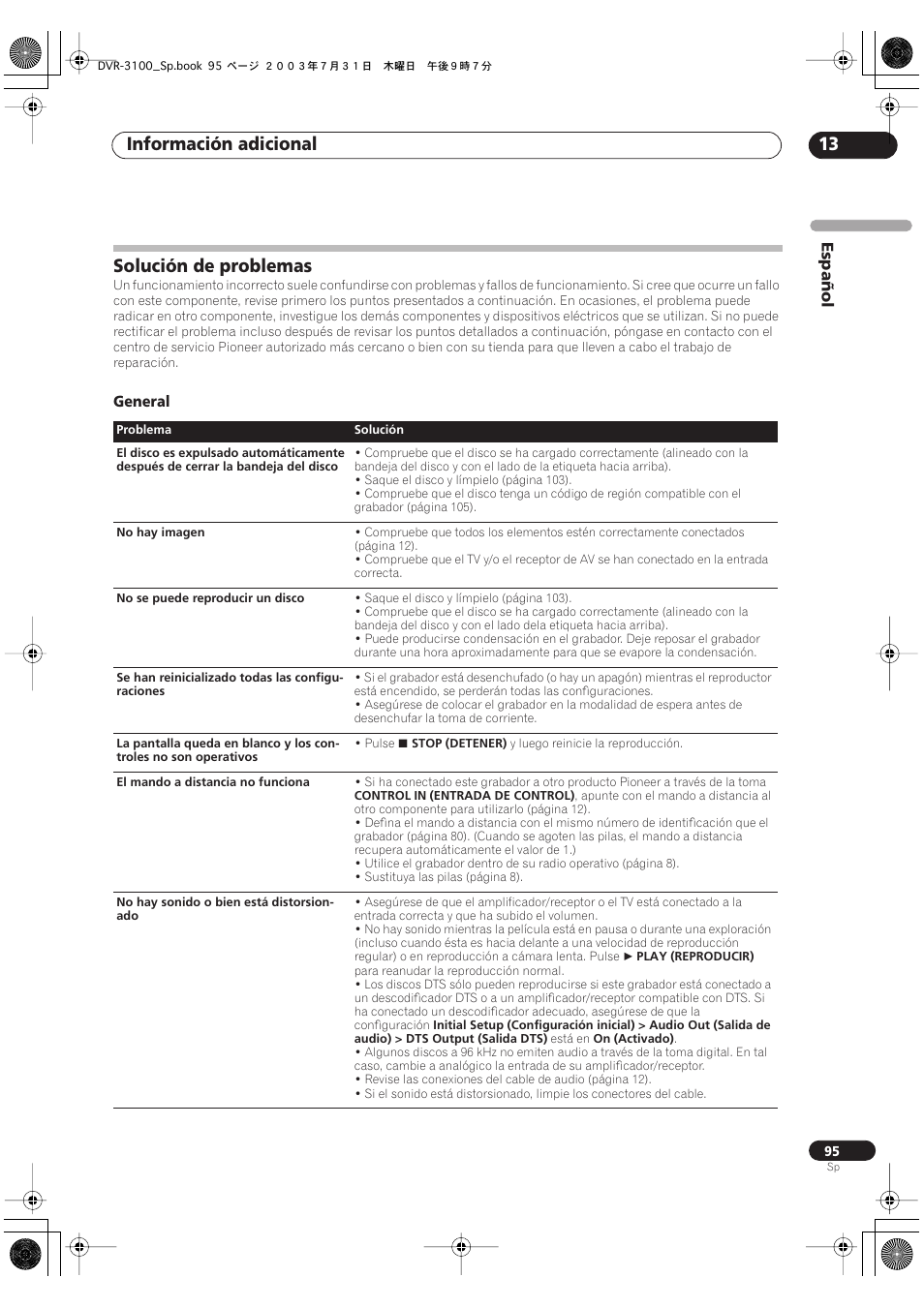 Solución de problemas, Información adicional 13 | Pioneer DVR-3100-S User Manual | Page 95 / 112