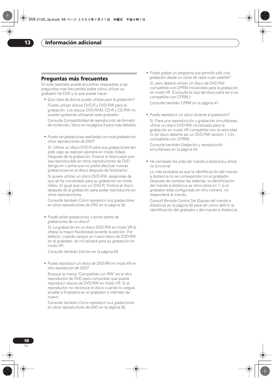 Preguntas más frecuentes, Información adicional 13 | Pioneer DVR-3100-S User Manual | Page 98 / 112