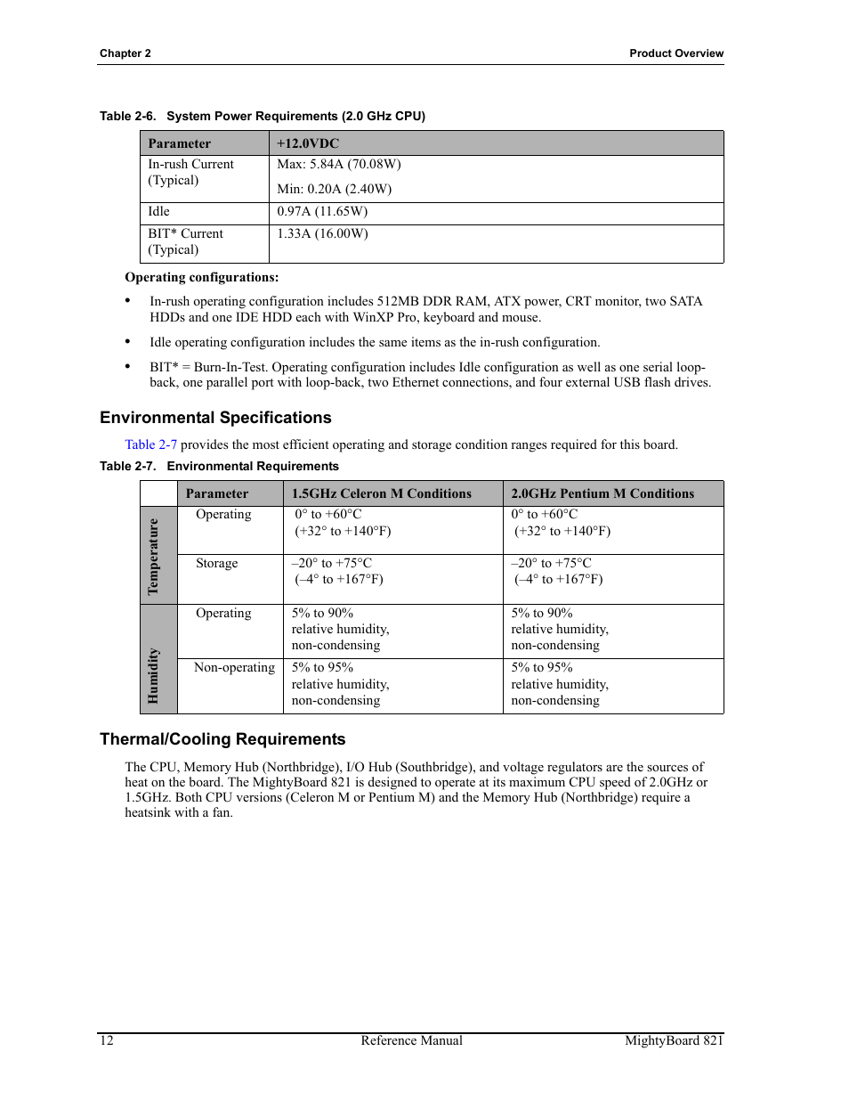 Table 2-6, System power requirements (2.0 ghz cpu), Table 2-7 | Environmental requirements, List the po | Ampro Corporation AMPRO Single Board Computer MightyBoard 821 User Manual | Page 16 / 38