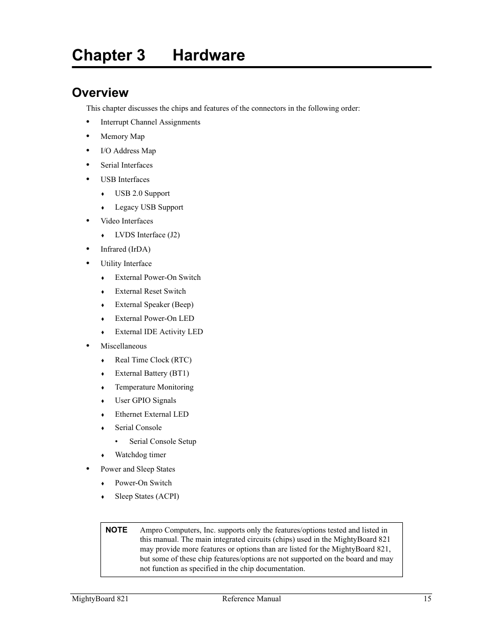 Chapter 3, Hardware, Overview | Chapter 3 hardware | Ampro Corporation AMPRO Single Board Computer MightyBoard 821 User Manual | Page 19 / 38