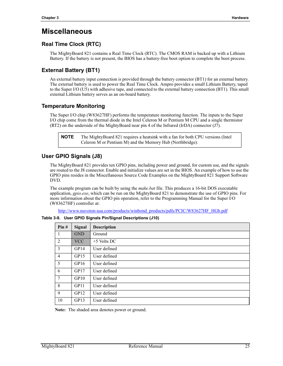 Miscellaneous, Table 3-9, User gpio signals pin/signal descriptions (j10) | Ampro Corporation AMPRO Single Board Computer MightyBoard 821 User Manual | Page 29 / 38
