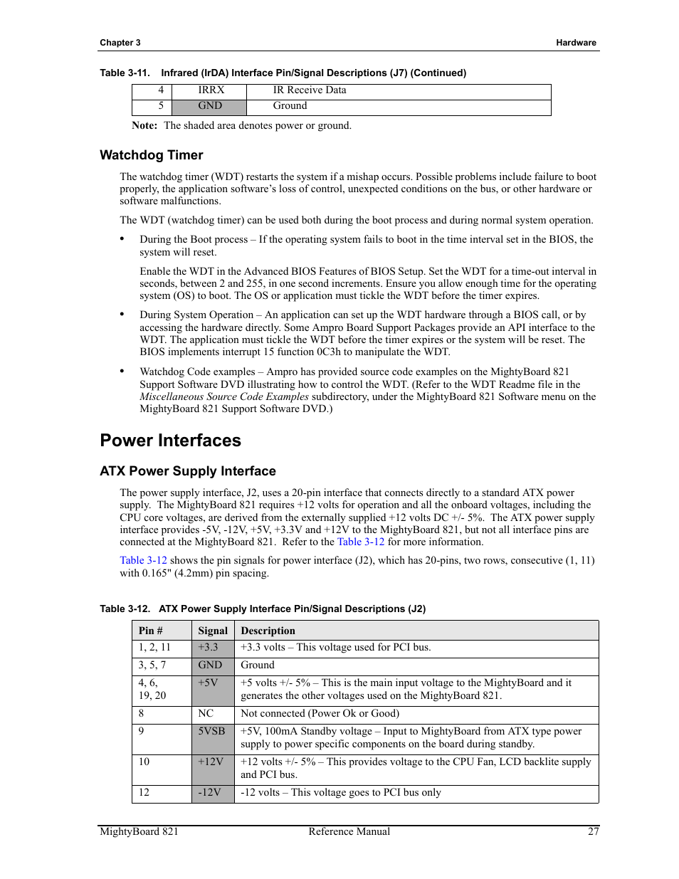 Watchdog timer, Power interfaces, Atx power supply interface | Table 3-12 | Ampro Corporation AMPRO Single Board Computer MightyBoard 821 User Manual | Page 31 / 38