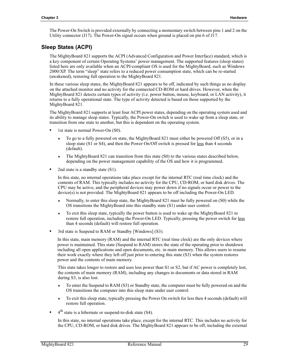 Sleep states (acpi) | Ampro Corporation AMPRO Single Board Computer MightyBoard 821 User Manual | Page 33 / 38