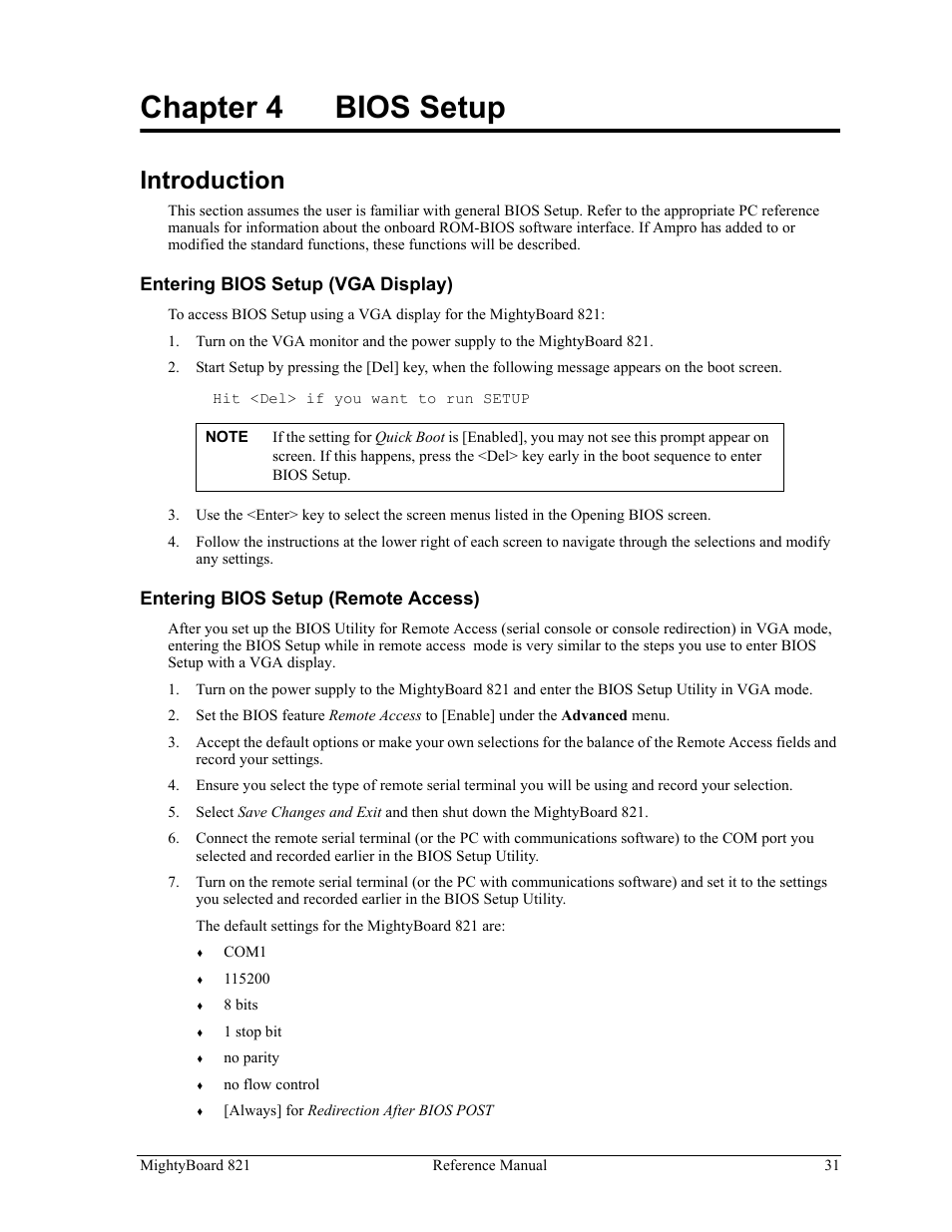 Chapter 4, Bios setup, Introduction | Chapter 4 bios setup | Ampro Corporation AMPRO Single Board Computer MightyBoard 821 User Manual | Page 35 / 38