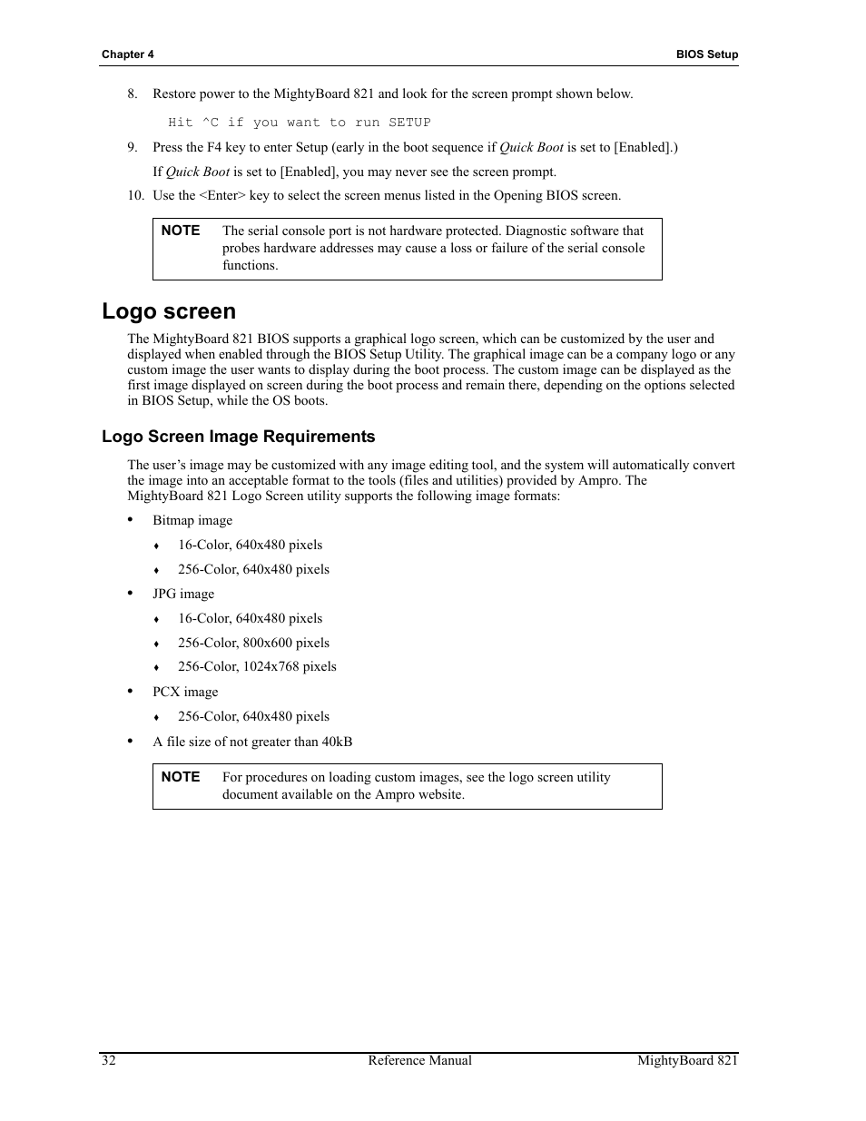Logo screen, Logo screen image requirements | Ampro Corporation AMPRO Single Board Computer MightyBoard 821 User Manual | Page 36 / 38