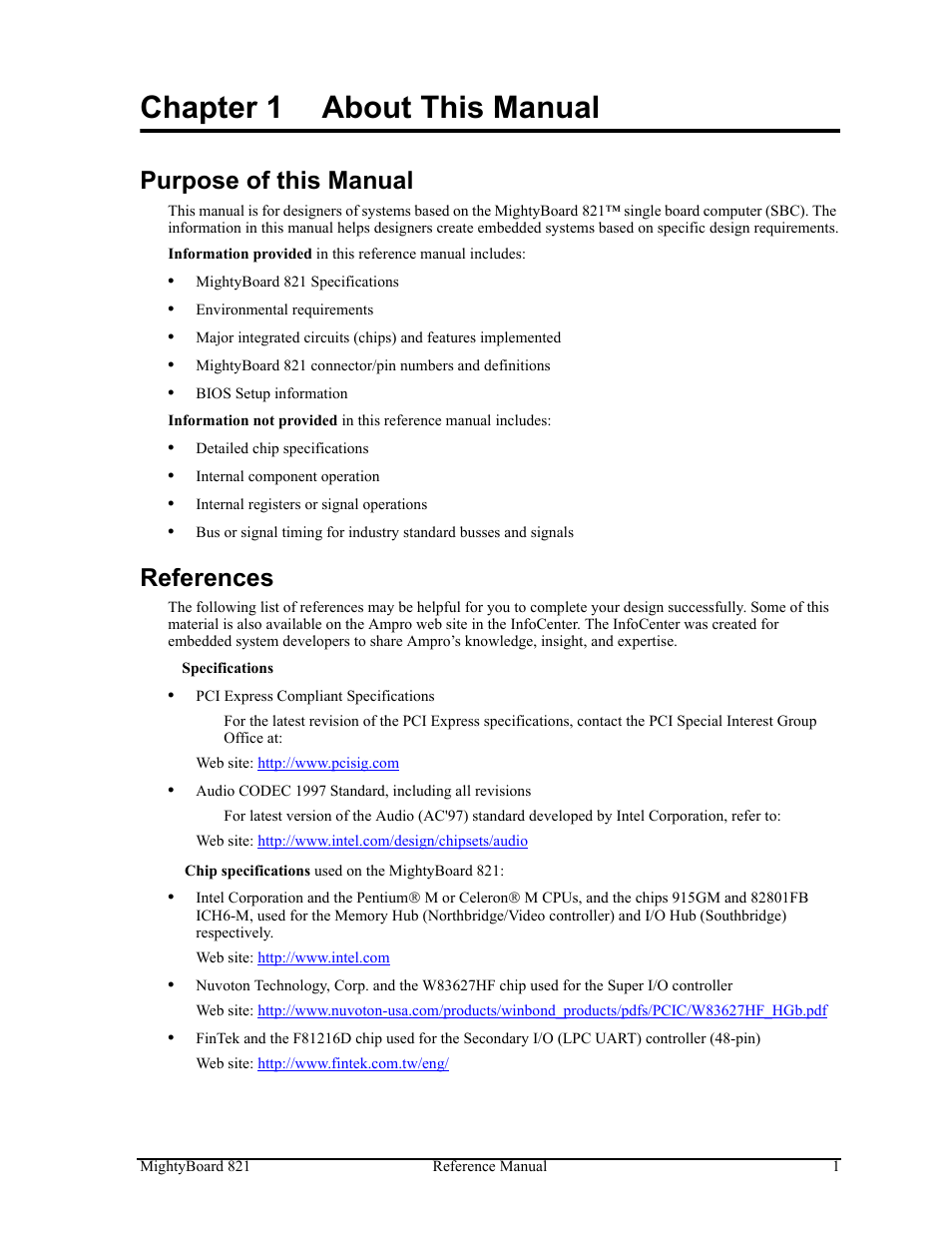 Chapter 1, About this manual, Purpose of this manual references | Chapter 1 about this manual, Purpose of this manual, References | Ampro Corporation AMPRO Single Board Computer MightyBoard 821 User Manual | Page 5 / 38