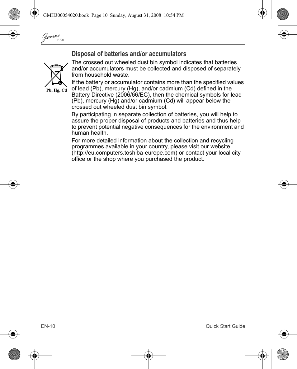 Disposal of batteries and/or accumulators | Toshiba JOURNE F700 User Manual | Page 10 / 138